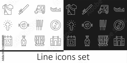 Set line India Gate in Delhi, Yin Yang, Taxi tuk tuk, Chicken tikka masala, Christian cross, Indian man dress, Aroma sticks, incense and Bamboo flute indian icon. Vector