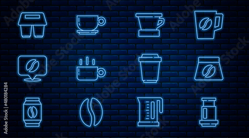 Set line Aeropress coffee, Bag beans, V60 maker, Coffee cup, Location with, to go, and icon. Vector