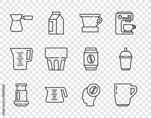 Set line Aeropress coffee, Coffee cup, V60 maker, pot, turk, Glass with water, Barista and to go icon. Vector
