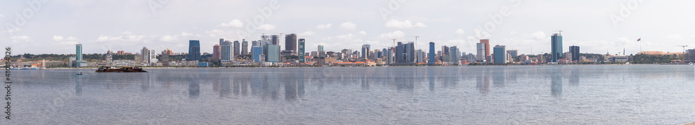 Full panoramic view at the Luanda city downtown, Modern skyscrapers buildings, bay, Port of Luanda, marginal and central buildings, building reflection on bay water, Angola