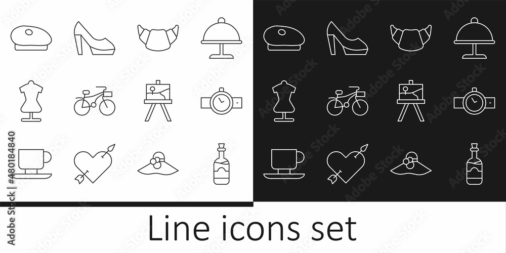 Set line Bottles of wine, Wrist watch, Croissant, Bicycle, Mannequin, French beret, Easel or painting art boards and Woman shoe icon. Vector