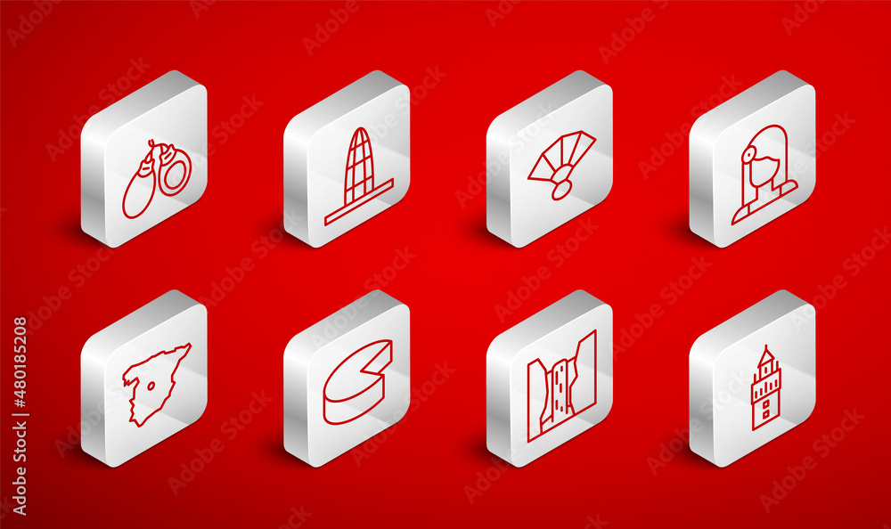 Set line Giralda, Agbar tower, Fan flamenco, Spanish woman, Algar waterfall, Castanets, Cheese and Map of Spain icon. Vector Set line Giralda, Agbar tower, Fan flamenco, Spanish woman, Algar waterfall, Castanets, Cheese and Map of Spain icon. Vector