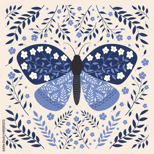 Vinage vector butterfly with floral ornament. Folk illustration of mystical moth with flowers, leaves and branches. Abstract insect boho card, poster, print