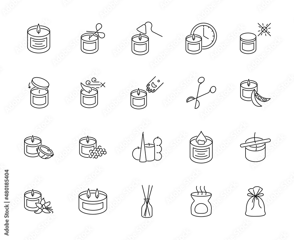 Candles icon set. Wax melts care guide elements. Candle making, flame, aroma diffuser. Vector editable stroke Candles icon set. Wax melts care guide elements. Candle making, flame, aroma diffuser. Vector editable stroke