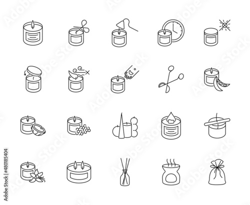 Candles icon set. Wax melts care guide elements. Candle making, flame, aroma diffuser. Vector editable stroke