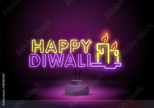 Happy Diwali Festival of lights for poster in neon style. Vector realistic isolated neon sign of Diwali logo for decoration and covering on the wall background.