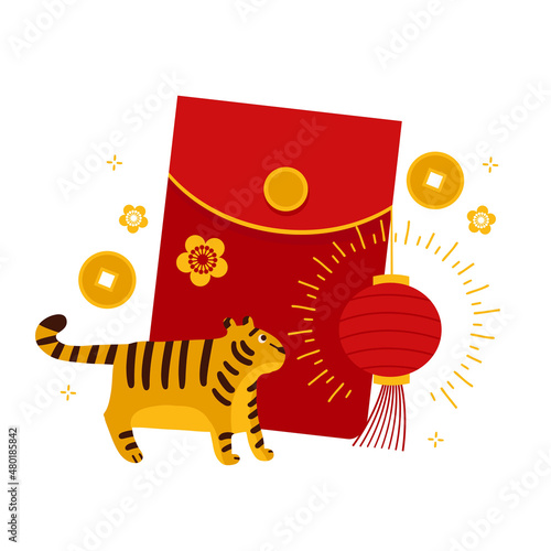 CNY greeting card with a tiger looking at an angpao or red envelope. Big red packet with lantern, coins and flowers Animal zodiac symbol og 2022. vector flat cartoon style illustration,