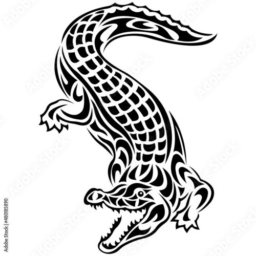 Fototapete The silhouette of a crocodile is drawn with various black lines on a white background