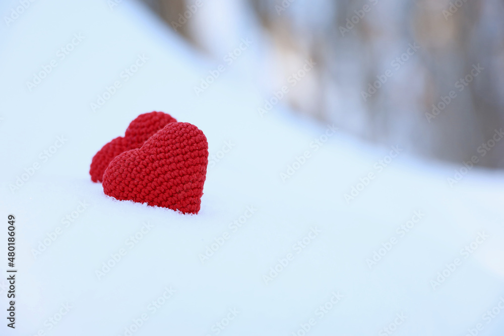 Fototapeta premium Love hearts, Valentine's card, two red knitted symbols of passion in the snow forest. Background for romantic event, celebration or winter weather
