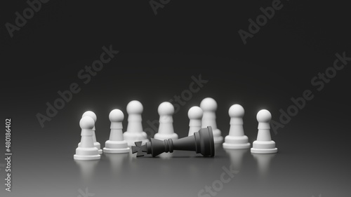 Falling black king in front of group black pawn with dark background. 3D illustration of beaten up