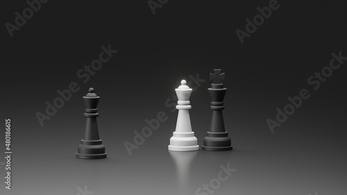 Standing black queen in front of white queen and black king couple with dark background. 3D illustration of man affair in chess with copy space