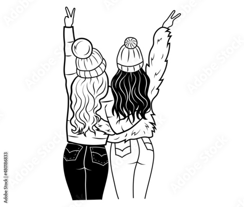Two best friends hugging with showing hands a peace. Young people  having good time together. Happy friendship day.  Fun meeting. An illustration of female strong friendships.