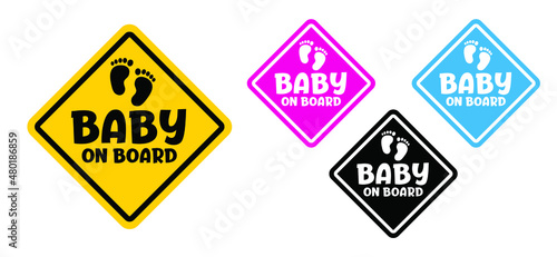 Slogan baby on board with baby pacifier Baby nipple logo. Flat vector baby quote. Baby on the way, expecting. Baby feet. The sticker on the back window of the car.