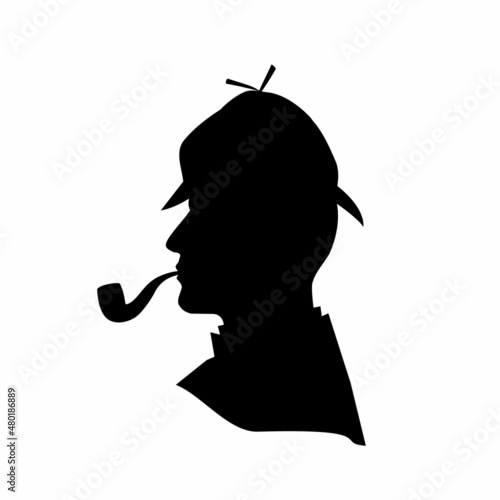 Detective silhouette isolated on white background. Man smoking pipe. Vector stock