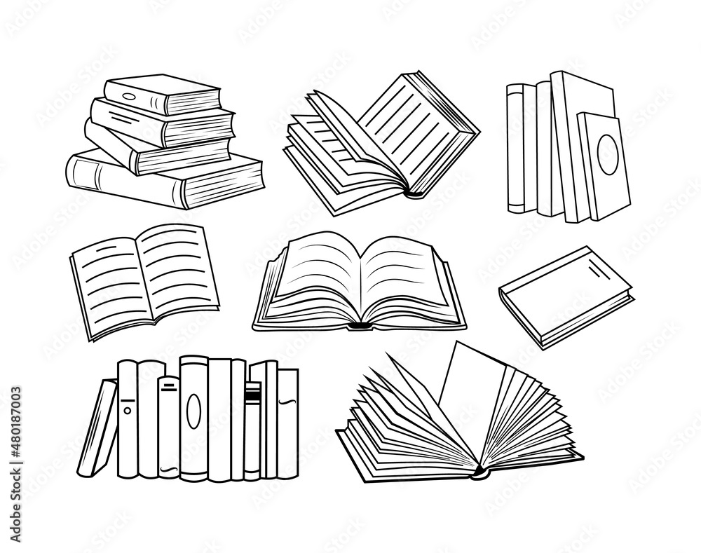 Set of books. Collection of various position books with open and developmental pages. Symbol