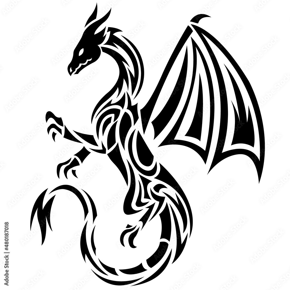 The silhouette of the dragon is painted in black color drawn with different lines. Fabulous animal dragon logo. Vector isolated illustration for design