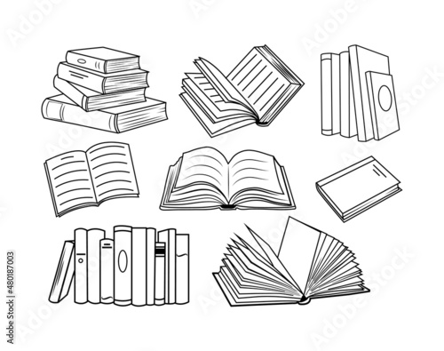 Set of books. Collection of various position books with open and developmental pages. Symbol education and knowledge. Library. Vector illustration for a bookstore. Line art.