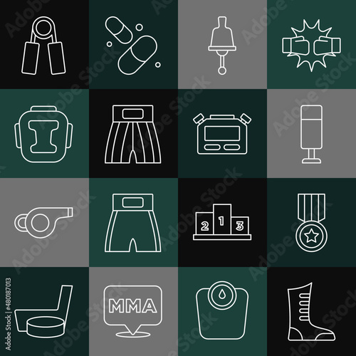Set line Sport boxing shoes, Medal, Punching bag, Ringing bell, Boxing short, helmet, expander and Stopwatch icon. Vector