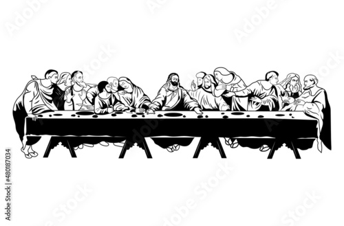 Illustration of the Last Supper. Jesus' last meal with his disciples. Religious scene. New Testament biblical religious scene with 12 apostles.