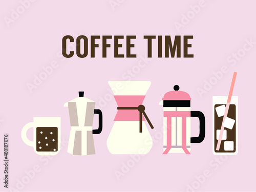 Set of coffee types and packages. Coffee menu vector illustration. Preparation of beverages. Collection of glasses with cappuccino, latte, espresso, americano, mocha, frappuccino. Take away. 