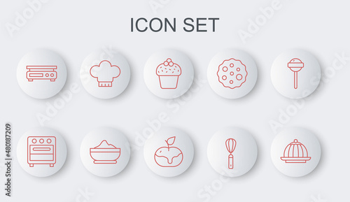 Set line Pudding custard, Oven, Cake, Kitchen whisk, Electronic scales, Chef hat, Flour bowl and Apple caramel icon. Vector
