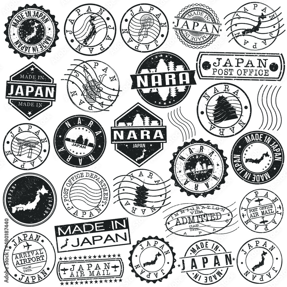 Nara, Japan Set of Stamps. Travel Stamp. Made In Product. Design Seals Old Style Insignia.