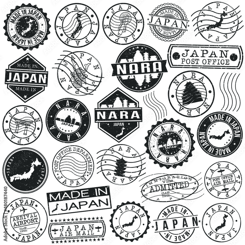 Nara, Japan Set of Stamps. Travel Stamp. Made In Product. Design Seals Old Style Insignia. Nara, Japan Set of Stamps. Travel Stamp. Made In Product. Design Seals Old Style Insignia.