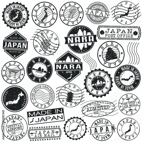 Nara, Japan Set of Stamps. Travel Stamp. Made In Product. Design Seals Old Style Insignia.