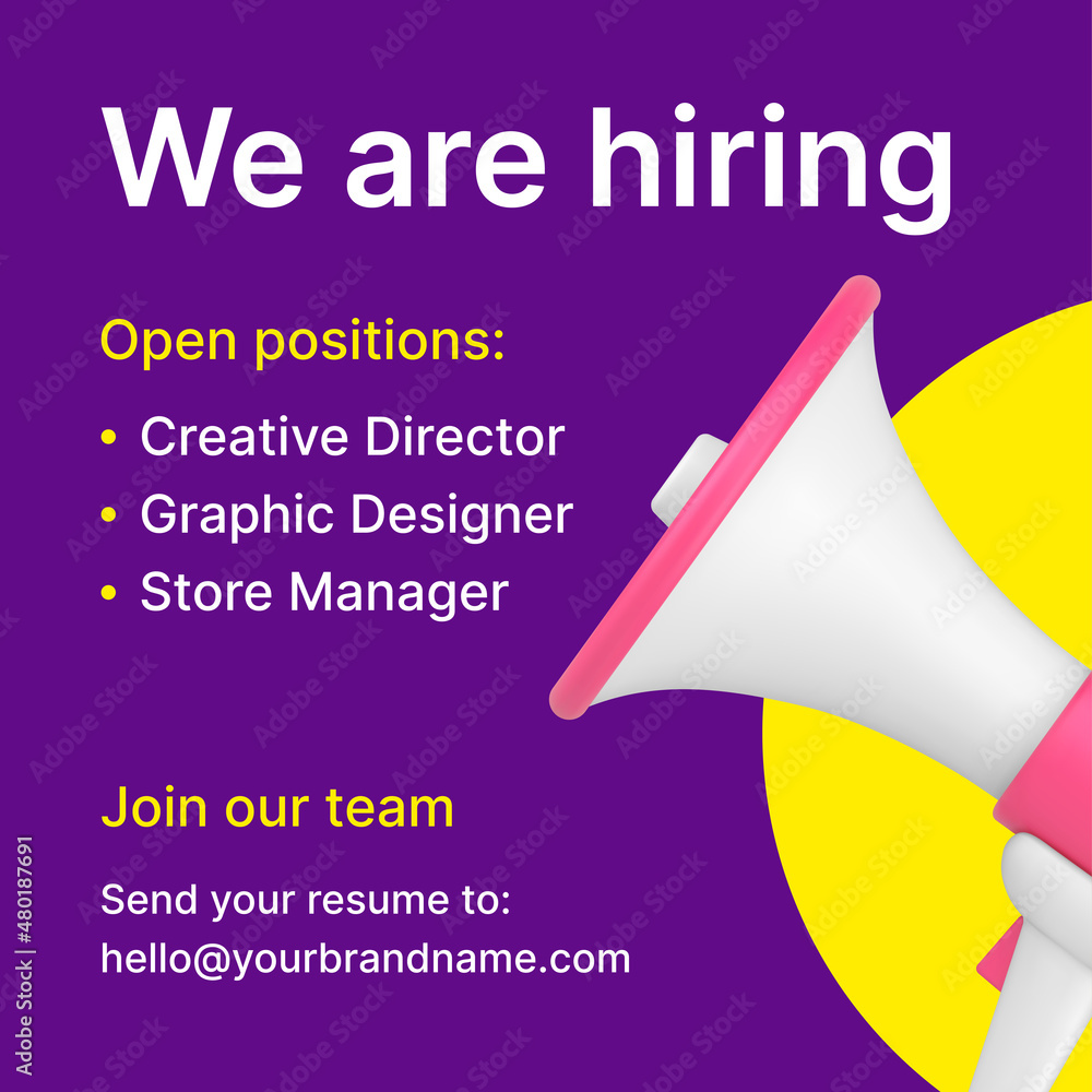 We are hiring business employee vacancy announcement with megaphone 3d icon promo post vector
