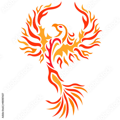 Bird silhouette - Firebird painted in red and orange color, drawn with different lines.Design for Phoenix bird logo, tattoo, mascot, symbol, emblem, keychain, print on clothes. Vector isolated