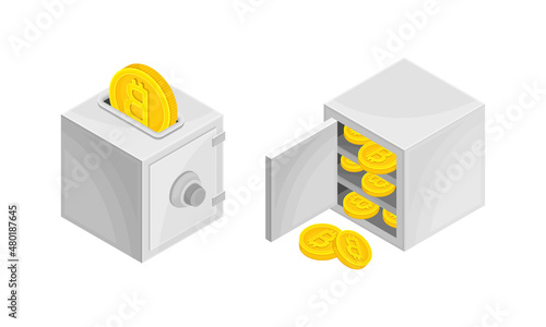 Bitcoin secure worldwide payment. Safe mobile cryptocurrency wallet cartoon vector illustration