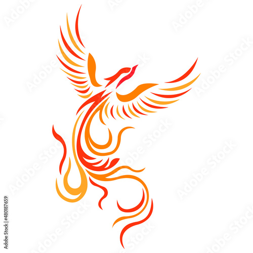 Bird silhouette - Firebird painted in red and orange color, drawn with different lines.Design for Phoenix bird logo, tattoo, mascot, symbol, emblem, keychain, print on clothes. Vector isolated