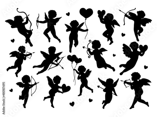 Set of silhouette cupid. Collection of cupid shoots a bow with hearts. Love symbol. Vector illustration for Valentine's Day. Romantic angel. Tattoo.
