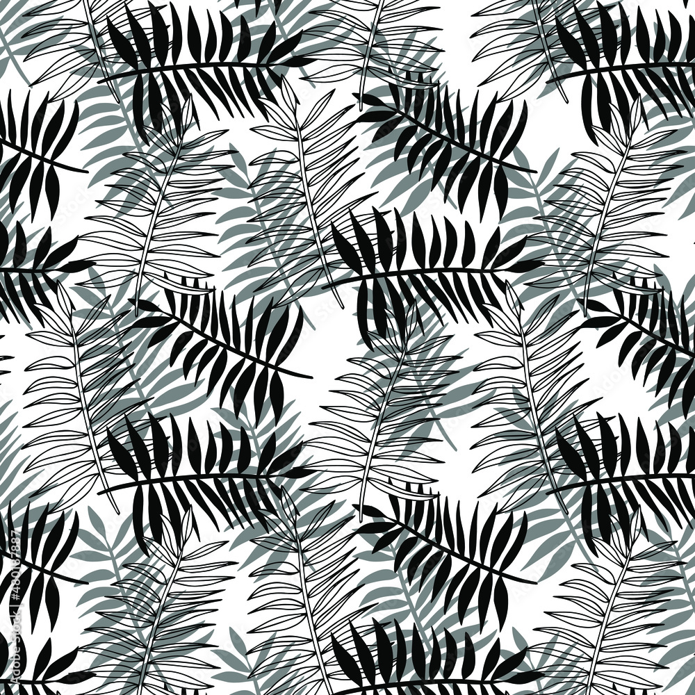 Silhouette of palms leaves pattern on white background. Tropical seamless pattern with branches. Luxury background.