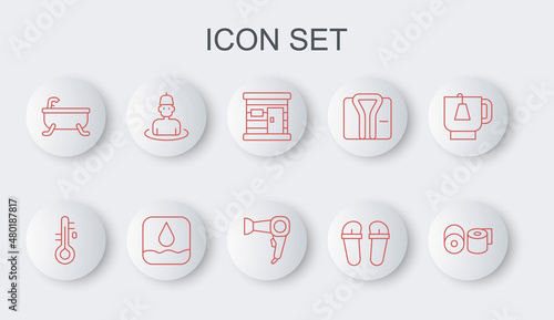 Set line Toilet paper roll, Sauna thermometer, wooden bathhouse, Flip flops, Bathtub, Man in sauna, Water drop and Hair dryer icon. Vector