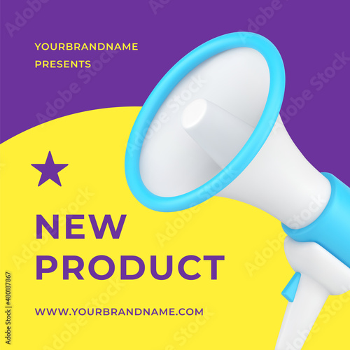 New product announce marketing advertising with megaphone 3d icon promo post vector illustration