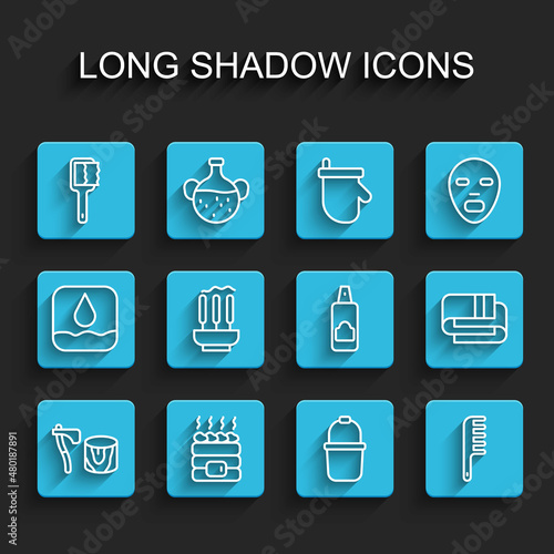 Set line Wooden axe in stump, Hot sauna stones, Sauna brush, bucket, Hairbrush, Incense sticks, Towel stack and Spray can for hairspray icon. Vector