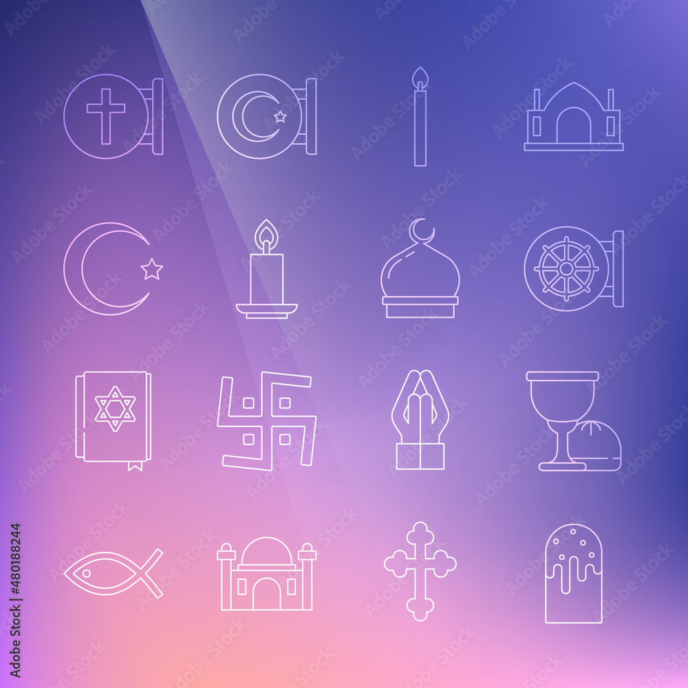 Set line Easter cake, Holy grail or chalice, Dharma wheel, Burning candle, Star crescent, Christian cross and Muslim Mosque icon. Vector Set line Easter cake, Holy grail or chalice, Dharma wheel, Burning candle, Star crescent, Christian cross and Muslim Mosque icon. Vector