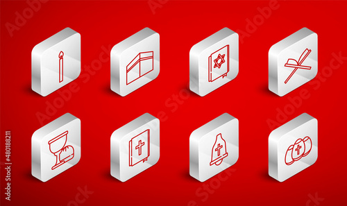 Set line Easter egg, Kaaba mosque, Jewish torah book, Holy of Koran, Church bell, Burning candle, bible and grail chalice icon. Vector