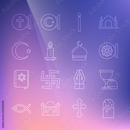 Set line Easter cake, Holy grail or chalice, Dharma wheel, Burning candle, Star crescent, Christian cross and Muslim Mosque icon. Vector