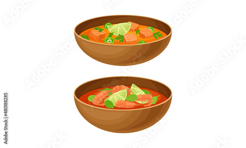 Tasty seafood dishes served in bowls set vector illustration