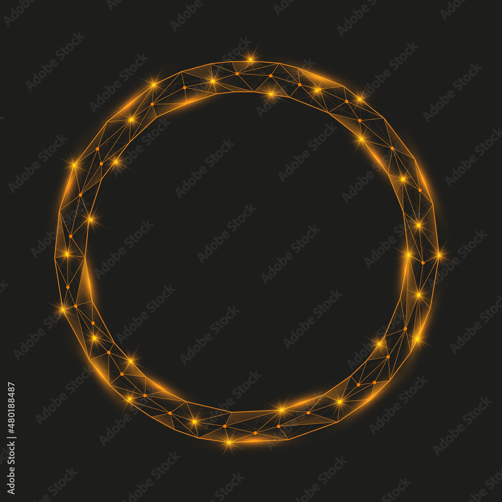 Abstract low poly golden circular frame with glowing orange elements. Round shape with shinning connecting dots and lines. Vector illustration on black background. Abstract low poly golden circular frame with glowing orange elements. Round shape with shinning connecting dots and lines. Vector illustration on black background.