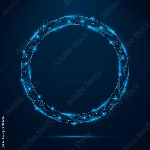 Abstract low poly blue circular frame with glowing elements. Round shape with shinning connecting dots and lines. Vector illustration on dark blue background.