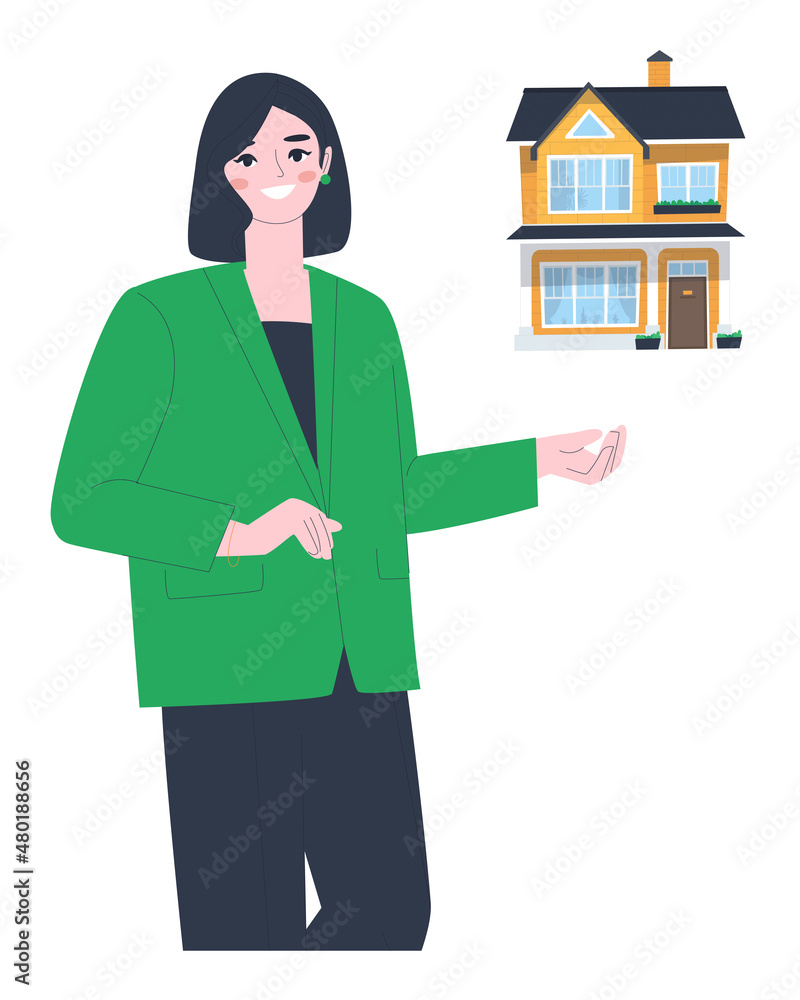 Business woman in a suit. The realtor shows the house. Business real estate. Flat vector illustration Business woman in a suit. The realtor shows the house. Business real estate. Flat vector illustration