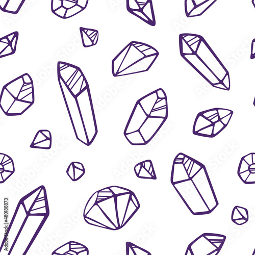 Seamless pattern. Vector image. Hand drawn illustration. Image of different crystals and minerals on a white background.