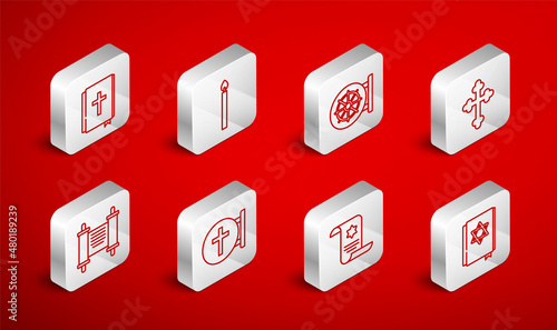 Set line Jewish torah book, Burning candle, Dharma wheel, Christian cross, Torah scroll, Holy bible, and Decree, paper, parchment, icon. Vector