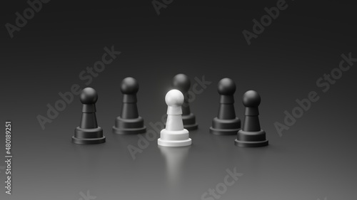 Standing White Pawn in front of black pawn group with dark background. 3D illustration of one against everyone