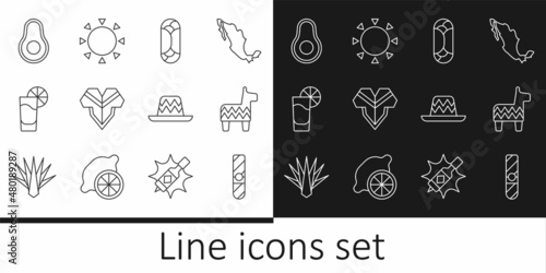 Set line Cigar, Pinata, Burrito, Poncho, Tequila glass with lemon, Avocado fruit, Mexican sombrero and Sun icon. Vector