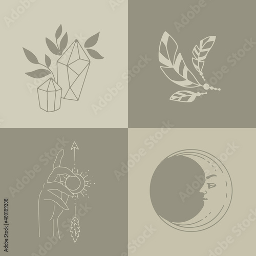 A set of female hand emblems in a minimalistic linear style. Hand gestures holding mystical symbols.