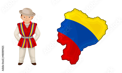 Ecuador national symbols set. Map in Ecuadorian flag colors and boy in traditional costume vector illustration